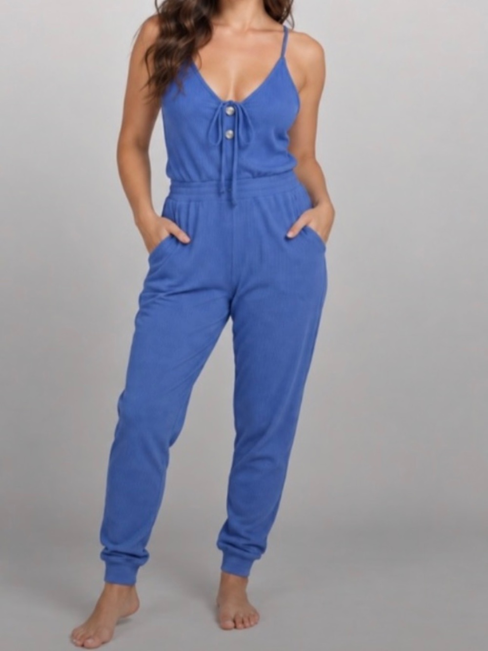 Fashion Nova Blue Ribbed Lace-Up Jumpsuit
